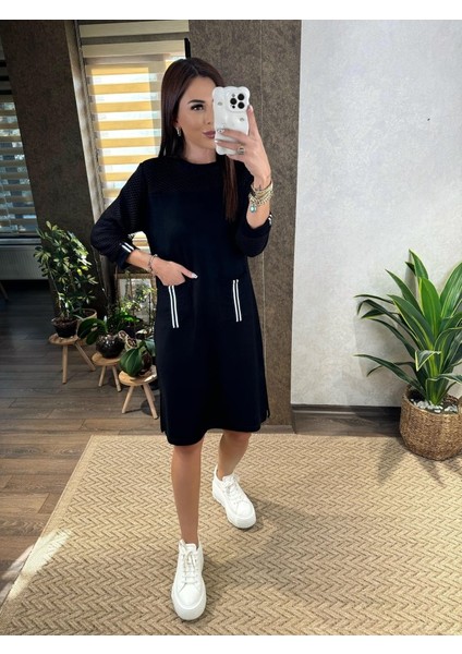 Kadın Viskon Pamuklu Kumaş Kol File , Şerit ve Cep Detaylı Elbise