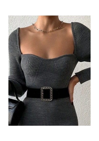 Kadın Uzun Kollu Yırtmaç Detay Triko Elbise fırsatları