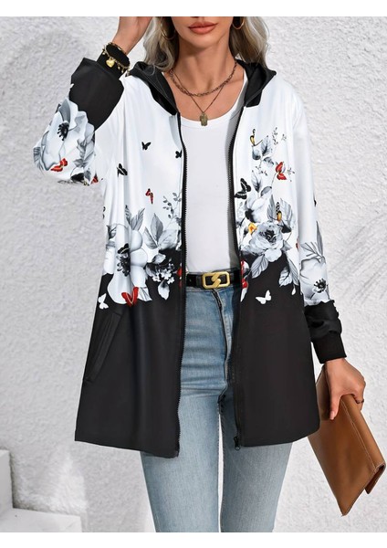 Kadın Uzun Kollu Kapşonlu Fermuarlı Çiçek-Kelebek Desenli Şardonlu Dalgıç Ceket fiyatları