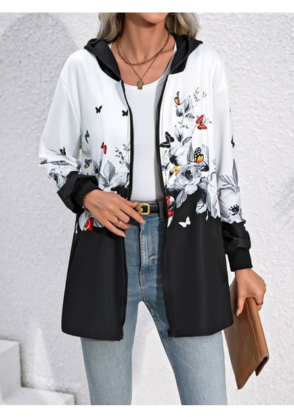 Kadın Uzun Kollu Kapşonlu Fermuarlı Çiçek-Kelebek Desenli Şardonlu Dalgıç Ceket indirimleri