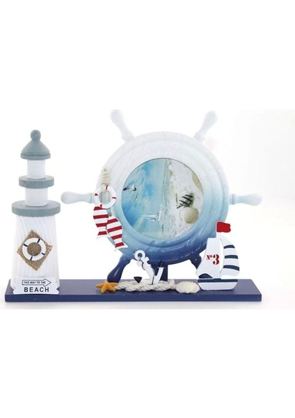 Ahşap Marin Deniz Feneri Dümenli Çerceve