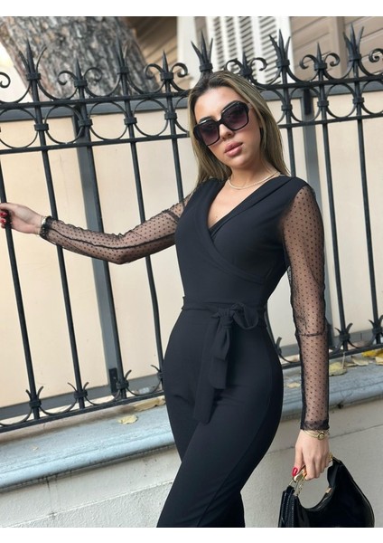 Krep Kumaş Kol Tül Puan Detaylı Kuşaklı Tulum 141 cm modelleri