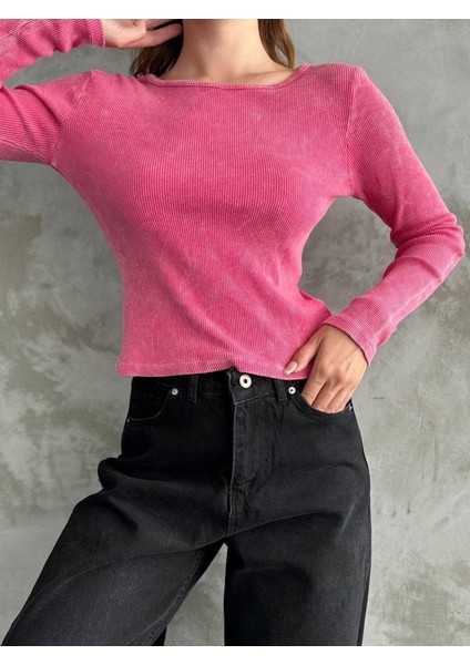 Kadın Uzun Kollu Bisiklet Yaka Asit Yıkamalı Kaşkorse Kumaş Bluz fiyatları