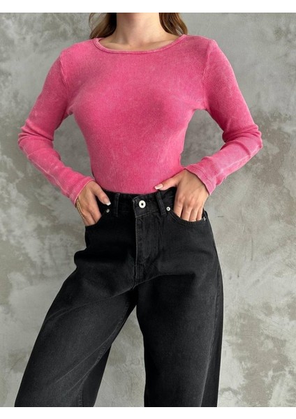 Kadın Uzun Kollu Bisiklet Yaka Asit Yıkamalı Kaşkorse Kumaş Bluz fırsatları