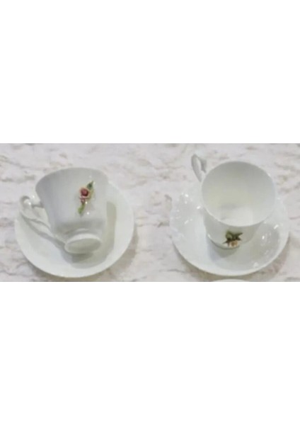 Kapito Çay Porselen Kapitemonteli Butik Çay Set 2'li Beyaz Yuvarlak Çiçek Figürlü Koleksiyonluk