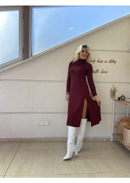 Kadın Uzun Kollu Balıkçı Yaka Derin Yırtmaç Detay Krep Elbise indirimleri