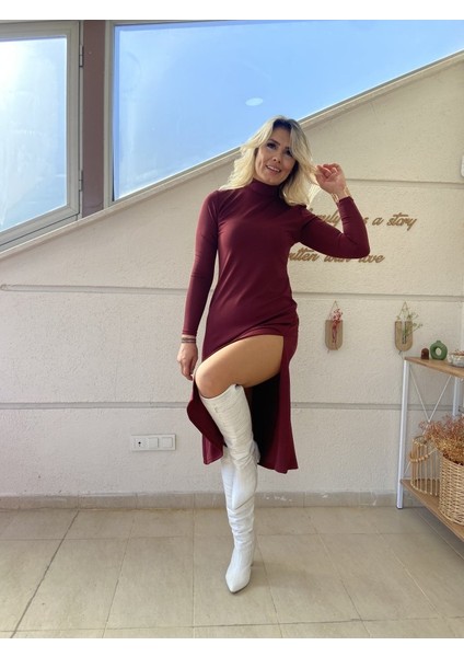 Kadın Uzun Kollu Balıkçı Yaka Derin Yırtmaç Detay Krep Elbise