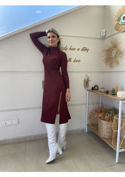 Kadın Uzun Kollu Balıkçı Yaka Derin Yırtmaç Detay Krep Elbise
