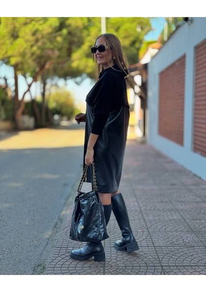 Kadın Uzun Kollu Kapüşon ve Deri Detay Diz Üstü Elbise fiyatları