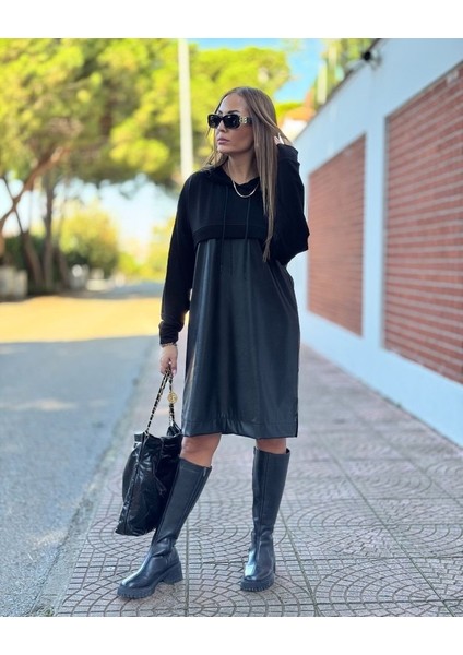 Kadın Uzun Kollu Kapüşon ve Deri Detay Diz Üstü Elbise modelleri