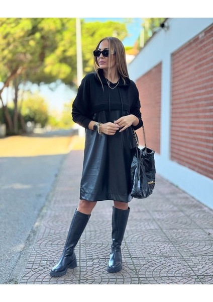Kadın Uzun Kollu Kapüşon ve Deri Detay Diz Üstü Elbise fırsatları