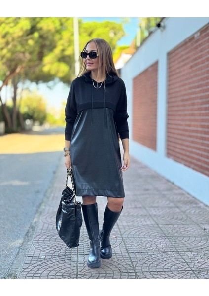 Kadın Uzun Kollu Kapüşon ve Deri Detay Diz Üstü Elbise indirimleri