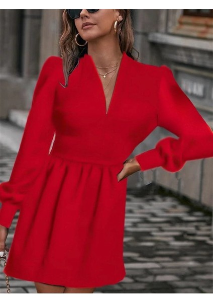 Kadın Uzun Kollu V Yaka Belden Hafif Pileli Scuba Krep Mini Boy Elbise fırsatları