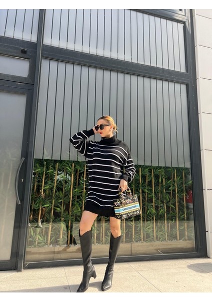 Kadın Uzun Kollu Degaje Yaka Çizgili Sonya Iplik Mini Boy Triko Elbise (Kemersiz) modelleri