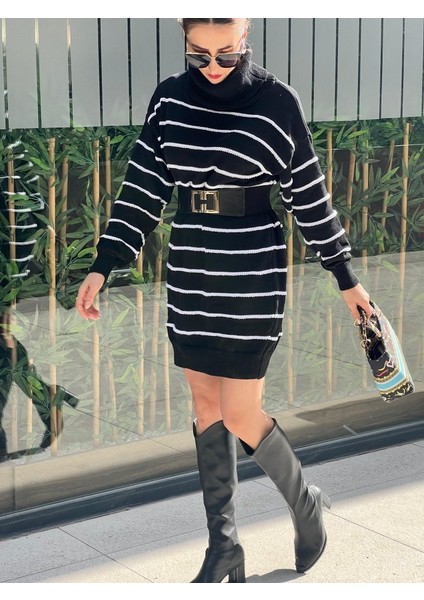 Kadın Uzun Kollu Degaje Yaka Çizgili Sonya Iplik Mini Boy Triko Elbise (Kemersiz) fırsatları