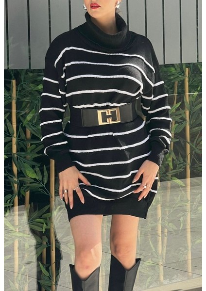Kadın Uzun Kollu Degaje Yaka Çizgili Sonya Iplik Mini Boy Triko Elbise (Kemersiz) indirimleri