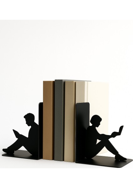 Dekoratif Metal Kitap Tutucu Okuyan Kadın ve Erkek Figürlü 2'li Set – Masa Üstü Kitaplık Düzenleyici