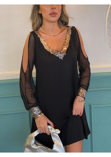 Kadın Siyah Uzun Kollu Kollar Tül Yırtmaçlı V Yakalı Kısa Krep Elbise fiyatları