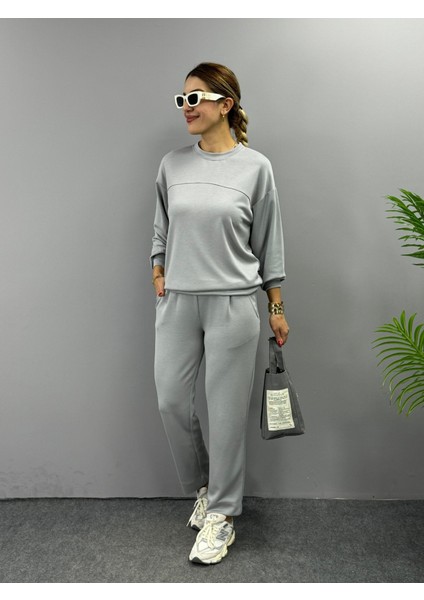 Kadın Uzun Kollu Bisiklet Yaka Viskon Iki Iplik Bluz ve Pantolon Ikili Takım
