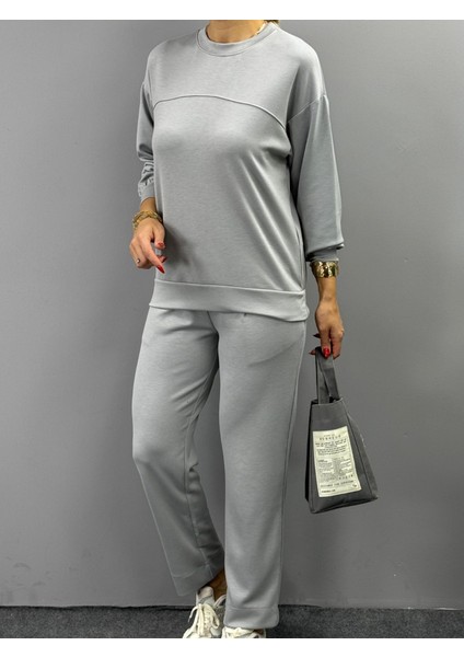Kadın Uzun Kollu Bisiklet Yaka Viskon Iki Iplik Bluz ve Pantolon Ikili Takım