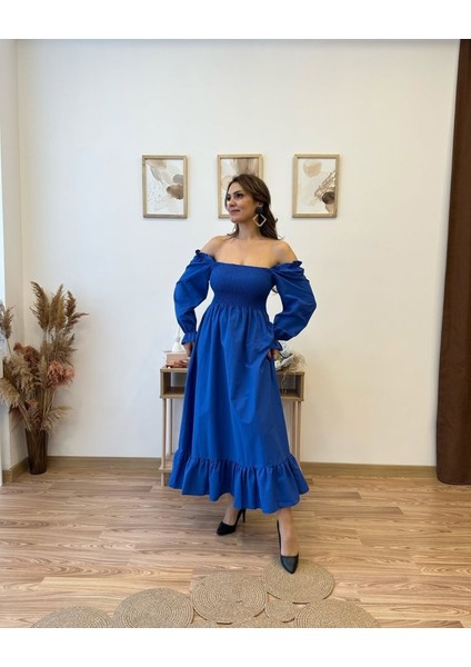 Kadın Uzun Kollu Kare Yakalı Gipeli Uzun Trikoton Elbise