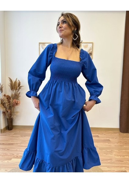 Kadın Uzun Kollu Kare Yakalı Gipeli Uzun Trikoton Elbise