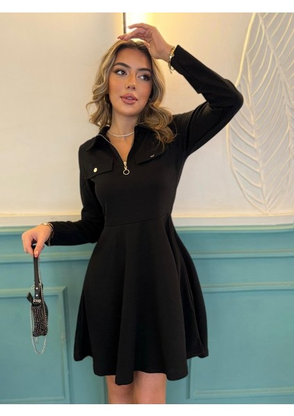 Kadın Uzun Kollu Yakalı Fermuarlı ve Cepli Kısa Ithal Krep Kısa Elbise