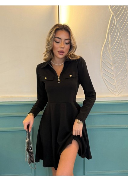 Kadın Uzun Kollu Yakalı Fermuarlı ve Cepli Kısa Ithal Krep Kısa Elbise