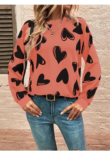 Kadın Uzun Kollu Bisiklet Yaka Kalp Desenli Iki Iplik Bluz indirimleri
