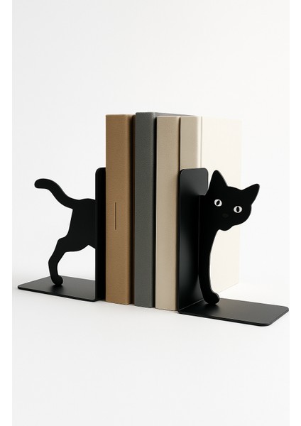 Sevimli Gözlü Kedi Figürlü Metal Kitap Tutucu 2’li Set – Dekoratif Kitaplık ve Masa Üstü Aksesuarı