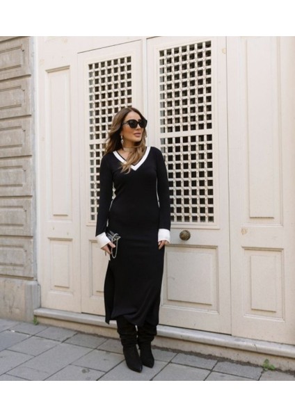 Kadın V Yaka Şerit Detaylı Çift Yırtmaçlı Elbise