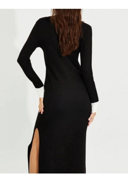 Kadın V Yaka Şerit Detaylı Çift Yırtmaçlı Elbise modelleri