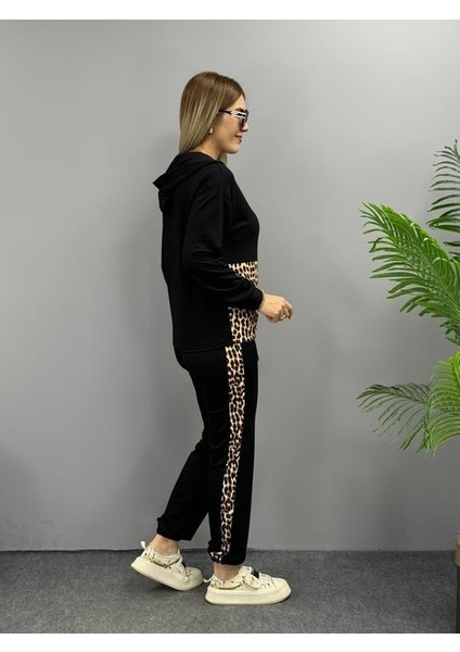Kadın Uzun Kollu Leopar Detay Sweat ve Yanı Leopar Şerit Detay Pantolon Ikili Takım