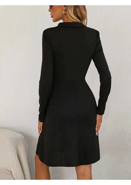 Kadın Uzun Kollu Yakalı Fermuarlı ve Cepli Kısa Ithal Krep Kısa Elbise fiyatları