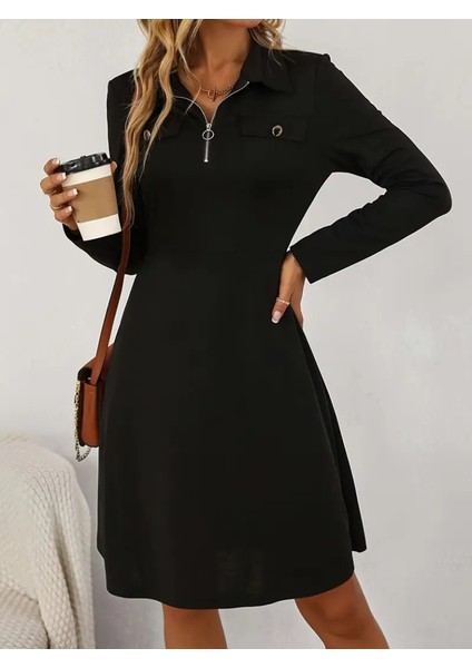 Kadın Uzun Kollu Yakalı Fermuarlı ve Cepli Kısa Ithal Krep Kısa Elbise modelleri