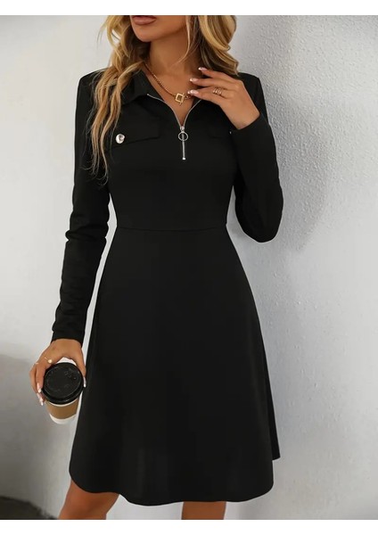 Kadın Uzun Kollu Yakalı Fermuarlı ve Cepli Kısa Ithal Krep Kısa Elbise fırsatları