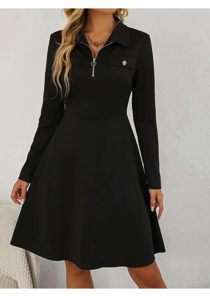 Kadın Uzun Kollu Yakalı Fermuarlı ve Cepli Kısa Ithal Krep Kısa Elbise indirimleri