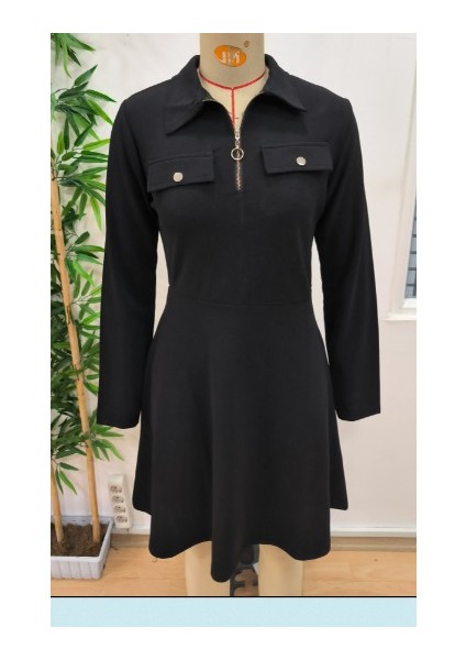 Kadın Uzun Kollu Yakalı Fermuarlı ve Cepli Kısa Ithal Krep Kısa Elbise