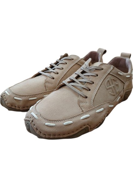 Kum-Bej Hakiki Deri Casual Sneaker Ortopedik Spor Ayakkabı Günlük Yumuşuk Taban Rahat Kalıp Ahtapot Model Hakiki Deri Nubuk