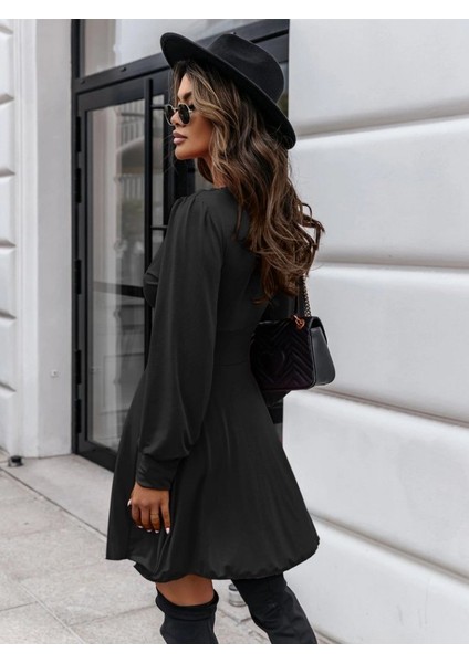 Kadın Uzun Kollu Derin V Yaka Göğüs Altı Dekolte Detaylı Sandy Mini Boy Elbise modelleri