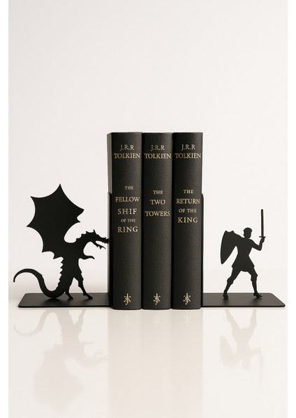 Ejderha ve Savaşçı Figürlü Metal Kitap Tutucu 2’li Set – Fantastik Dekoratif Kitaplık Aksesuarı