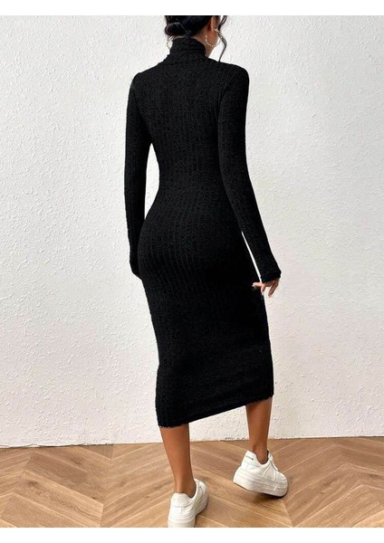 Kadın Uzun Kollu Göğüs Pencere Detaylı Çapraz Yaka Detaylı Şardonlu Kaşkorse Midi Elbise fiyatları