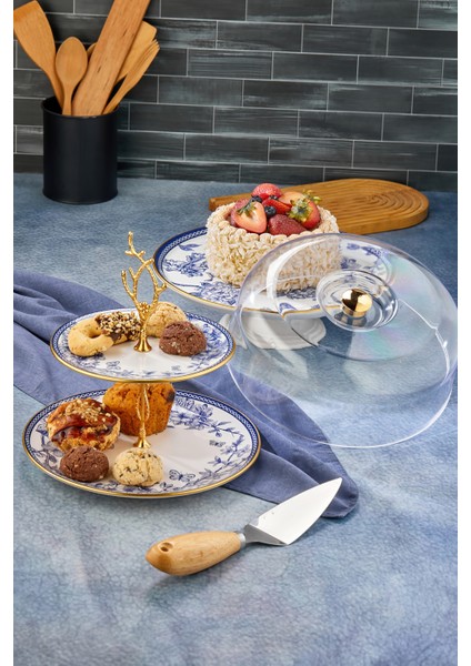 2li Fanuslu Seramik Katlı Kurabiyelik Pasta Sunum Tabağı Seti Spring