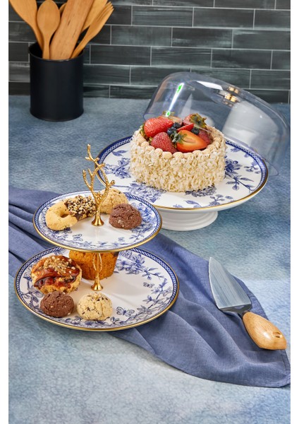 2li Fanuslu Seramik Katlı Kurabiyelik Pasta Sunum Tabağı Seti Spring modelleri