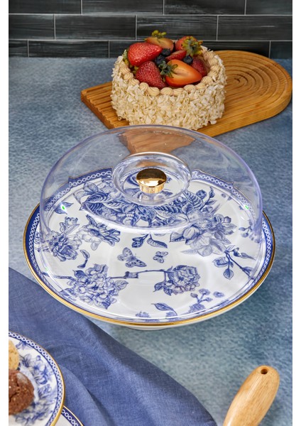 2li Fanuslu Seramik Katlı Kurabiyelik Pasta Sunum Tabağı Seti Spring