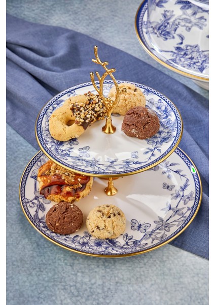 2li Fanuslu Seramik Katlı Kurabiyelik Pasta Sunum Tabağı Seti Spring