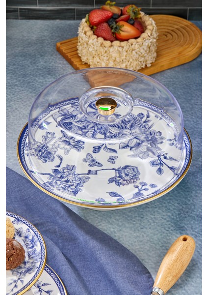 2li Fanuslu Seramik Katlı Kurabiyelik Pasta Sunum Tabağı Seti Spring