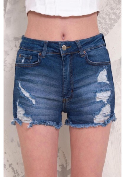 Kadın Likralı Etek Ucu Püsküllü Yıpratmalı Denim Mini Şort