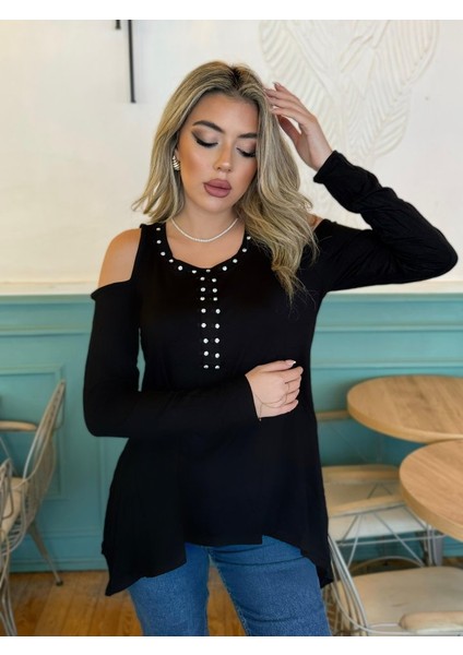 Kadın Uzun Kollu Bisiklet Yaka Önü Taşlı Omuzu Açık Etek Ucu Asimetrik Kesim Viskon Bluz