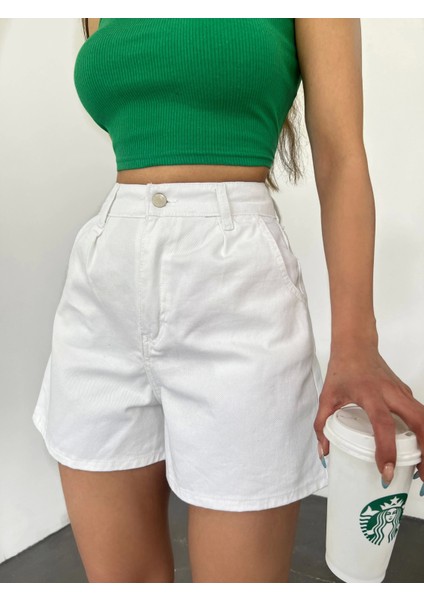 Çift Cepli Pileli Mini Denim Şort
